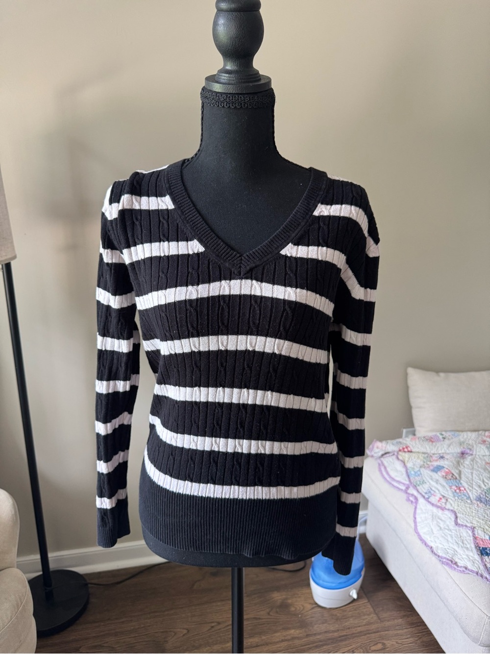 Tommy Hilfiger Black and White Striped V-Neck Cable Knit Sweater